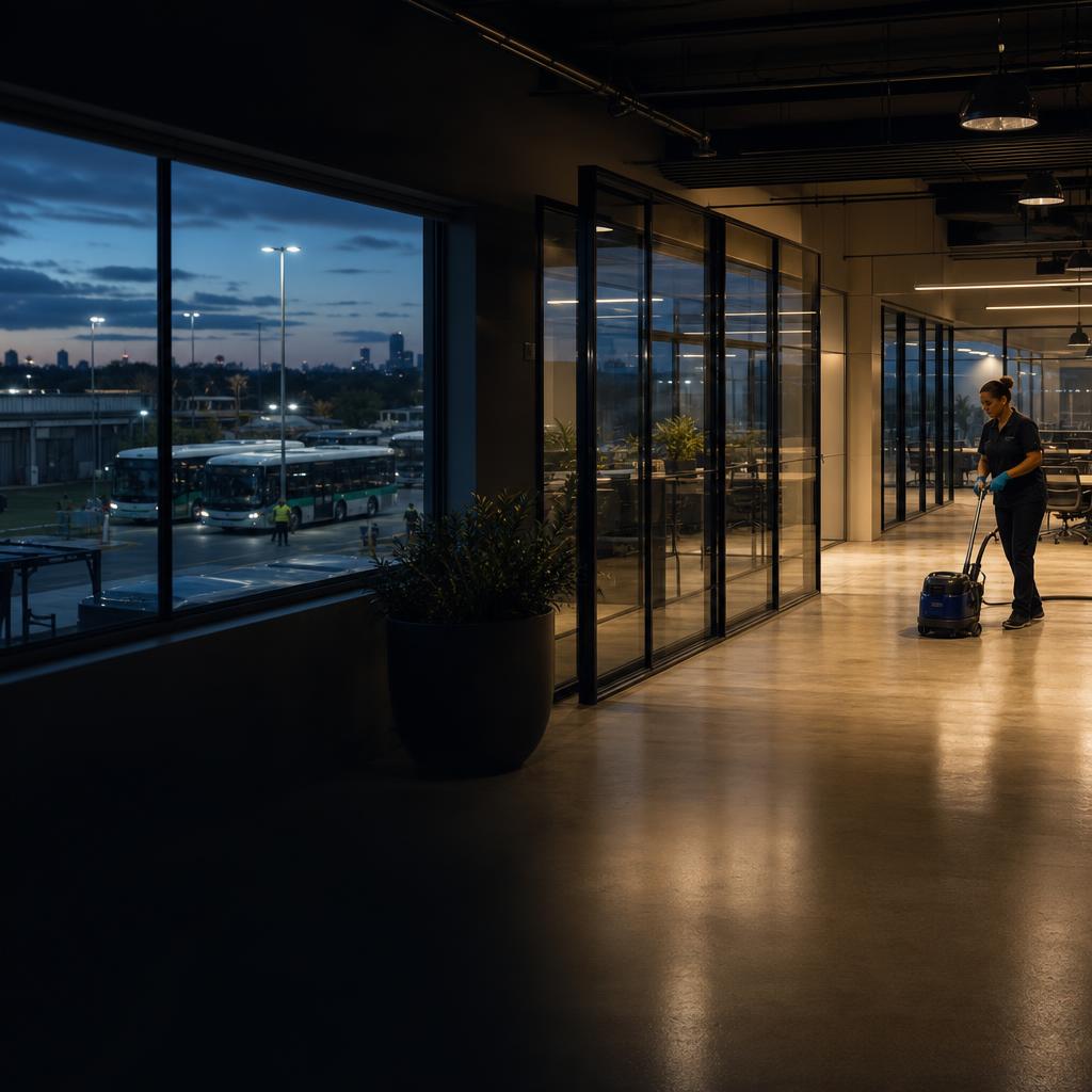 Worker cleaning a depot office beside a bus yard at dusk