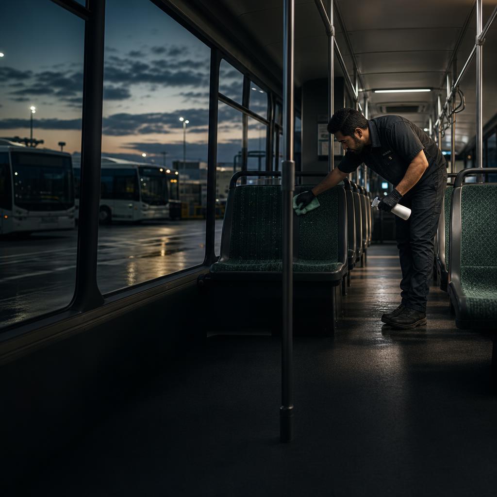 Worker detailing bus seats inside a depot at dusk