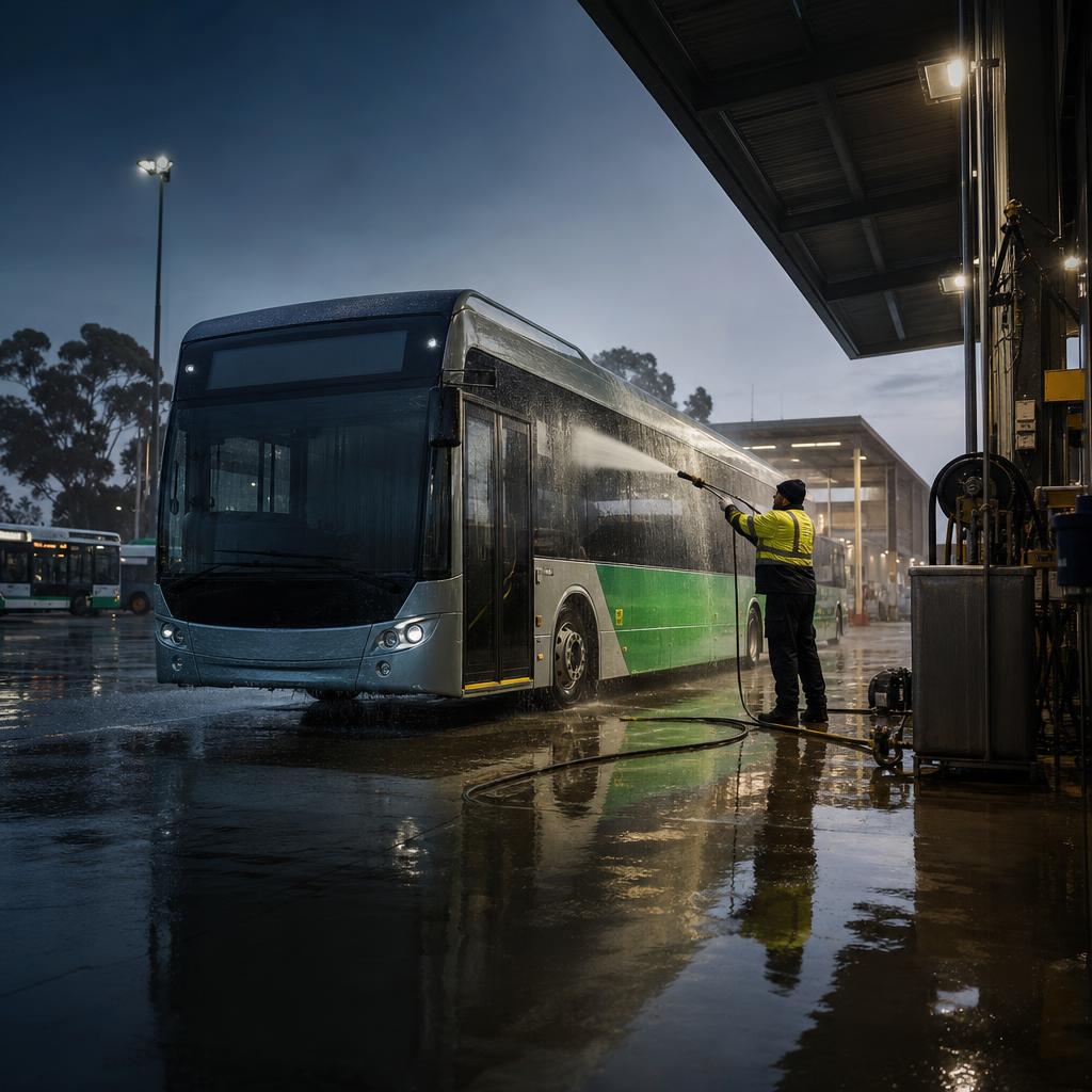 Worker washing a bus inside a depot at dusk