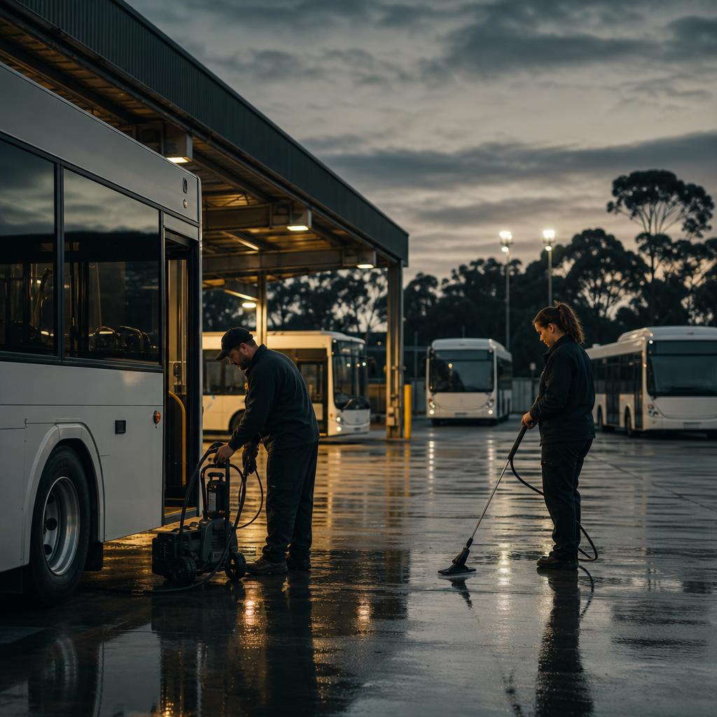 Representative image of unbranded buses and cleaning equipment inside a transport facility at dusk