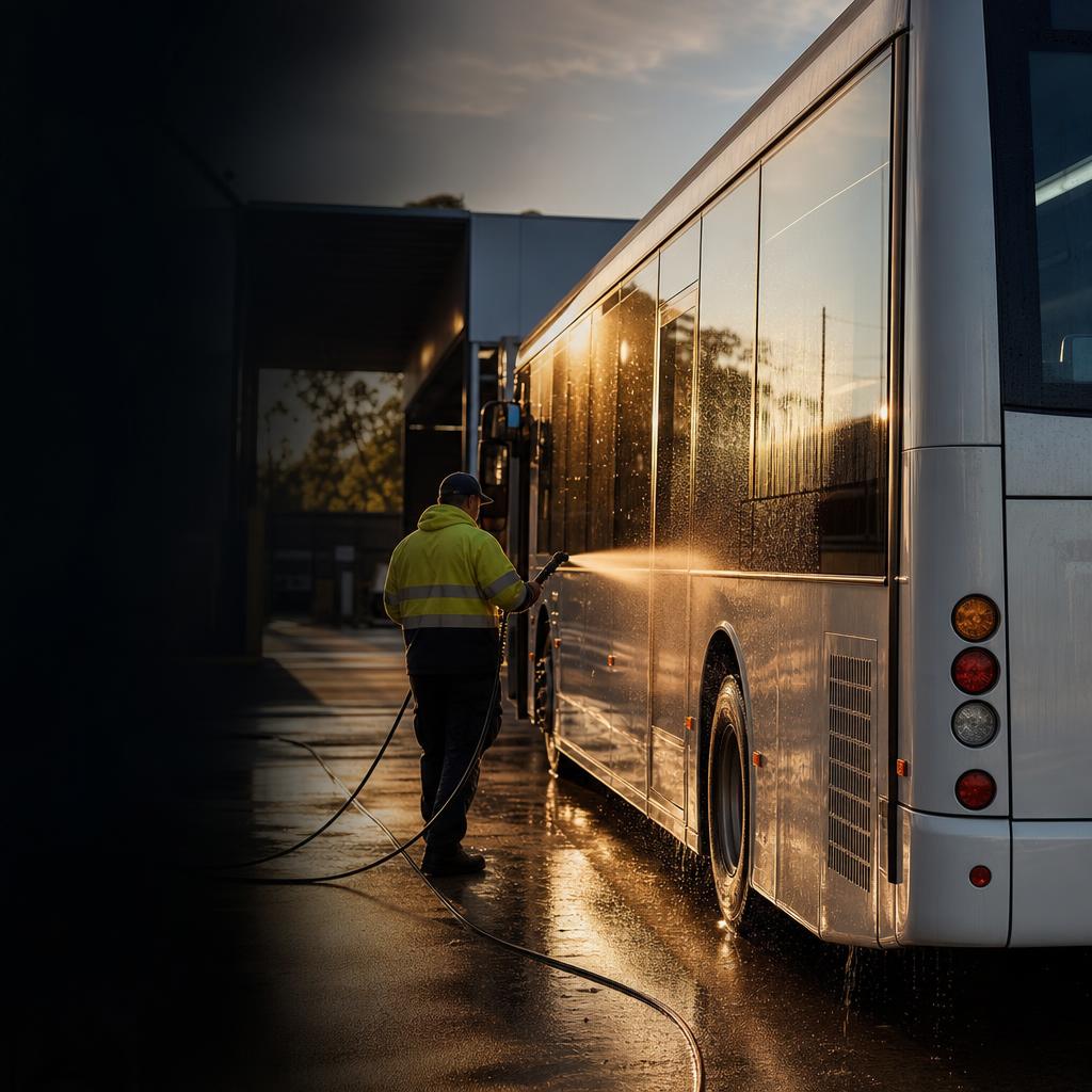 Representative image of an unbranded bus being washed inside a depot at dusk